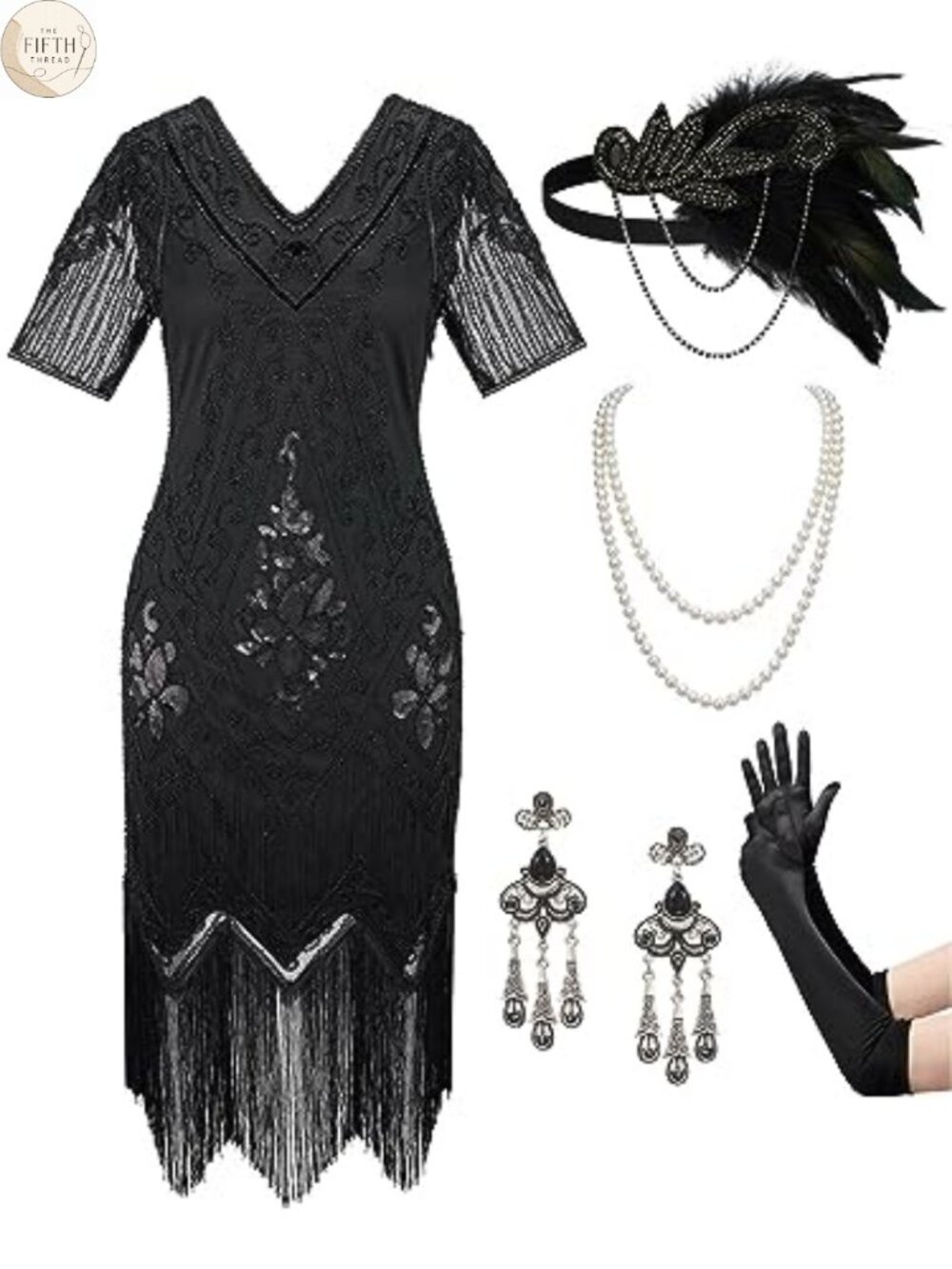 1920s Flapper Dress Sequin Fringed Gatsby Costume Set with Accessories